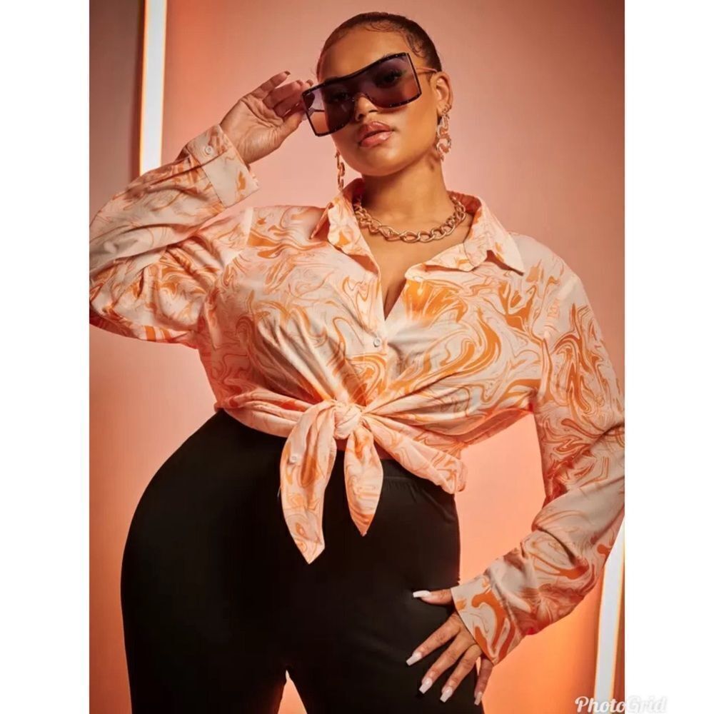 2/$20 Shein Orange and White Swirl Marble Button-Up Shirt